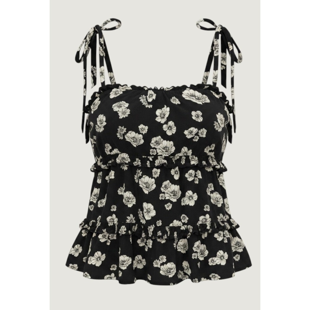 Floral Tiered Cami Top Rayon Ruffle Tie Strap Black White 2X
